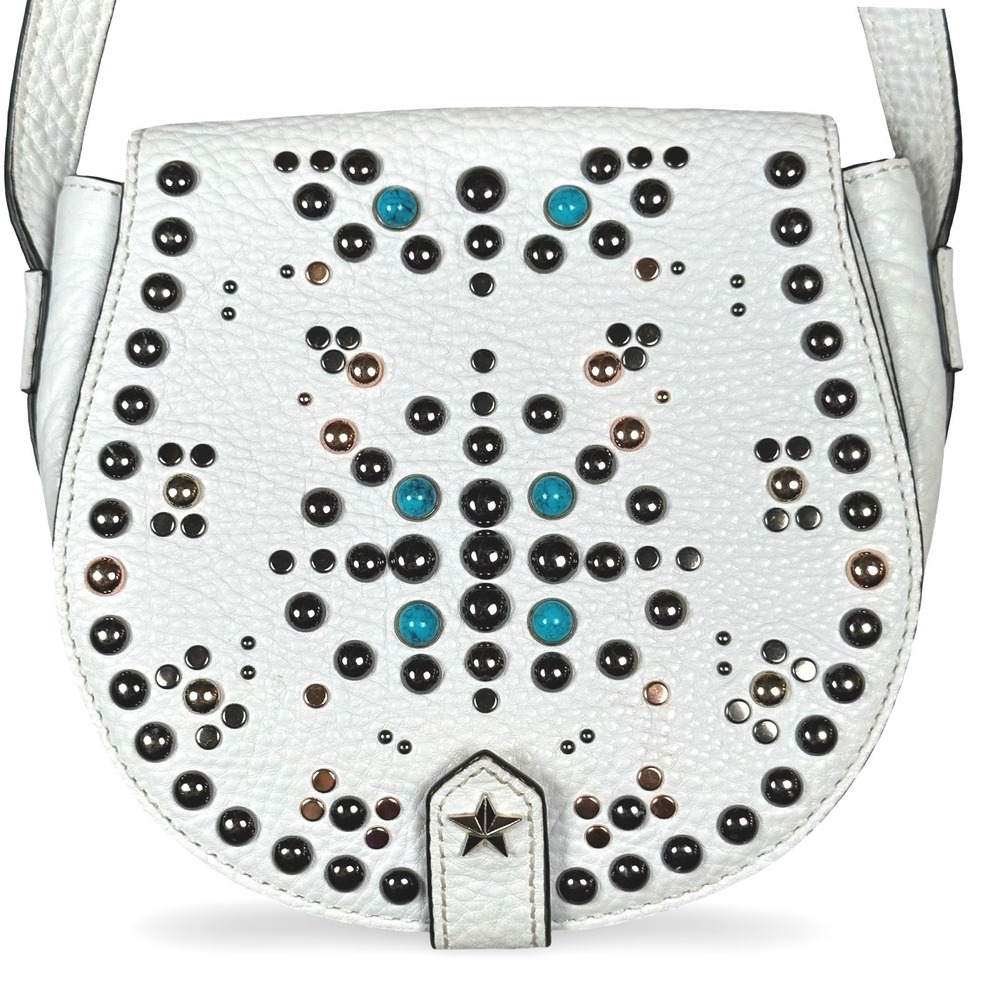 Rebecca Minkoff Skylar Studded Mini Saddle Crossbody Bag White Pebbled Leather